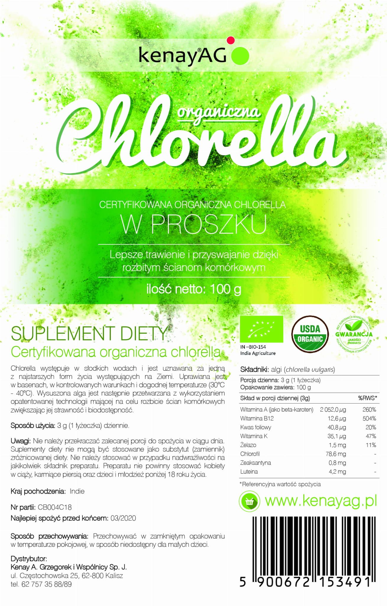 Chlorella organiczna w proszku 100 g  Kenay