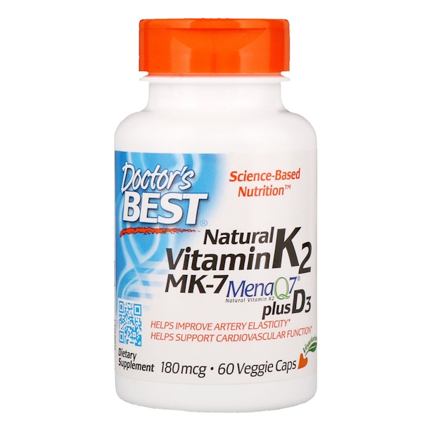 Natural Vitamin K2 MK7 with MenaQ7 plus D3, 180mcg - 60 vcaps DrBest
